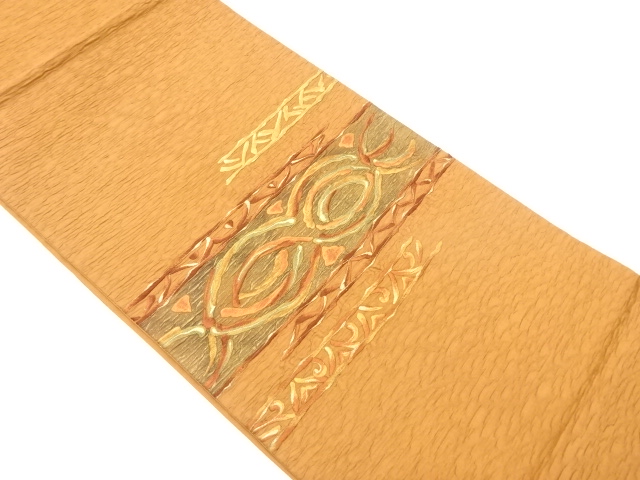 ふくれ織　横段に抽象模様刺繍袋帯